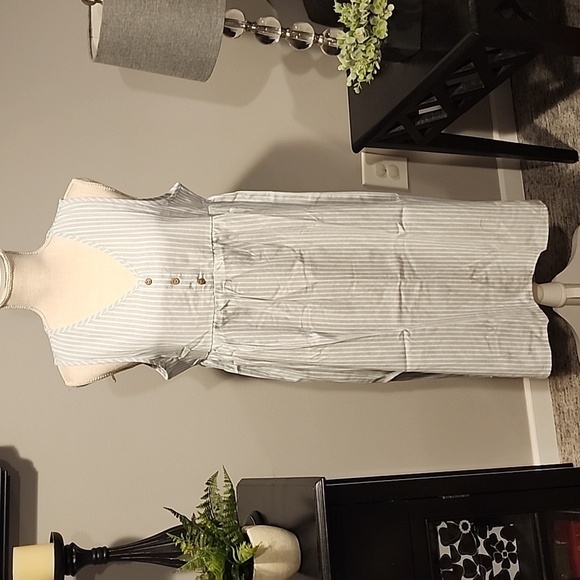 Stripped gray and blue mini dress sleeveless v-neck line size L PTP 20 in. L 37 - Picture 2 of 8